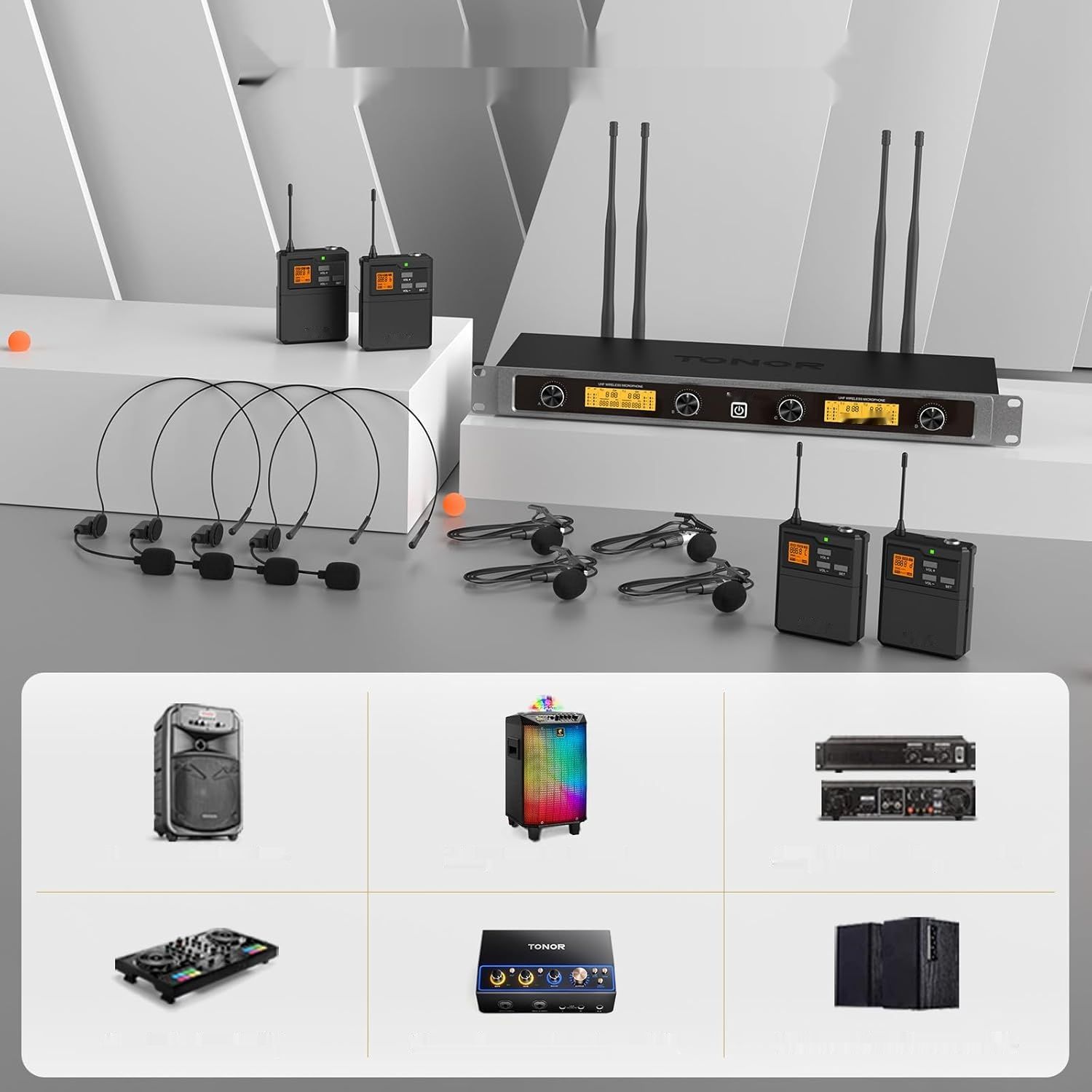 TONOR System mikrofonu bezprzewodowego UHF z podwójnym zestawem słuchawkowym i krawatowym