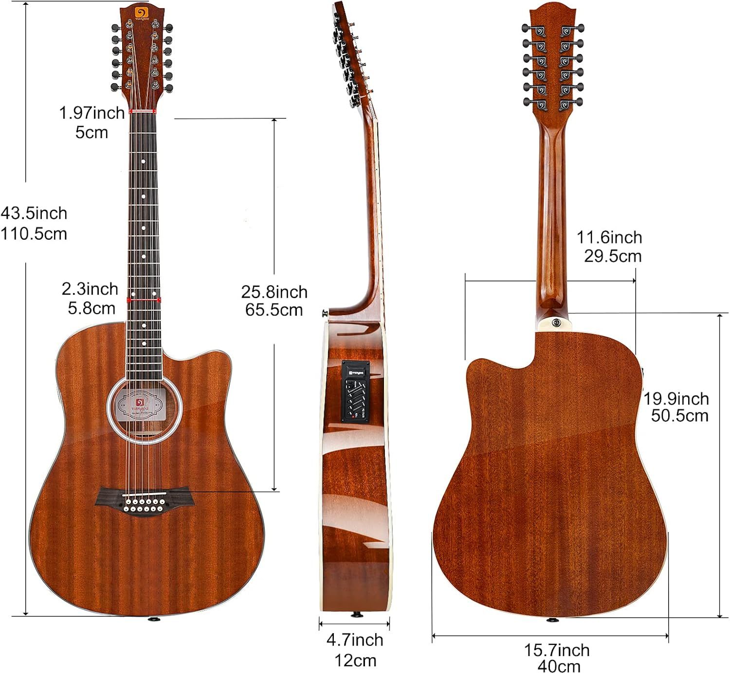 Vangoa Gitara akustyczno-elektryczna Dreadnought Cutaway 12 strun
