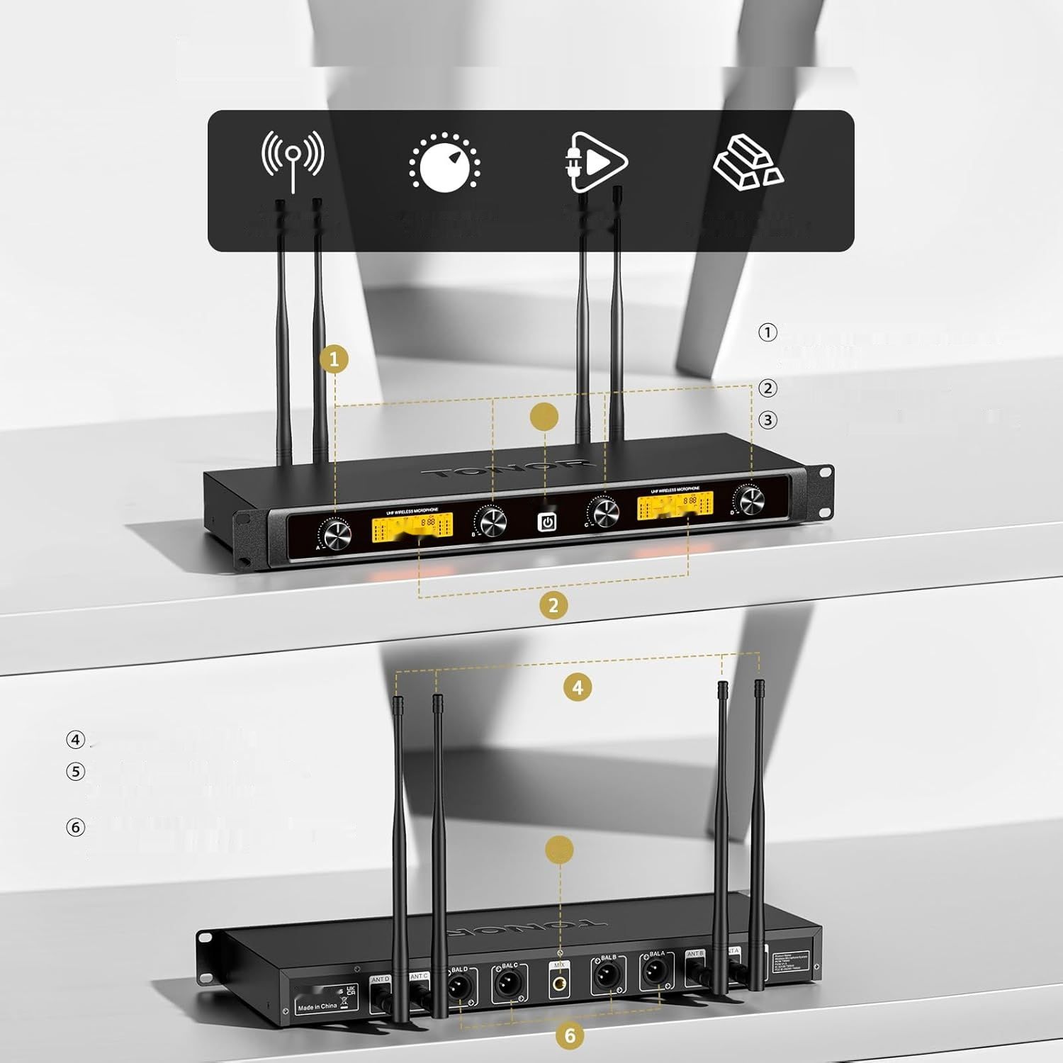 TONOR Bezprzewodowy System Mikrofonów, 4x5 Kanałowy Metalowy Mikrofon UHF