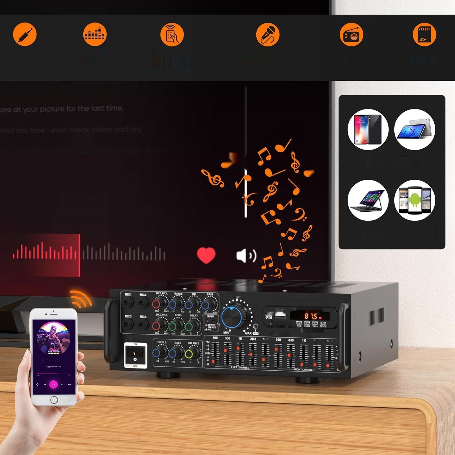 Areyourshop Wzmacniacz HiFi Stereo PA z Bluetooth 5.0 2000W