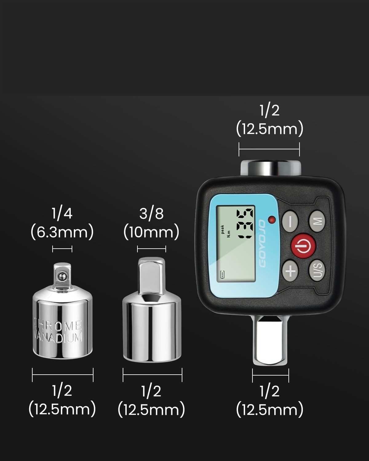 GOYOJO Zestaw cyfrowych kluczy dynamometrycznych с adapterami 1/2&quot; 1/4&quot; 3/8&quot;