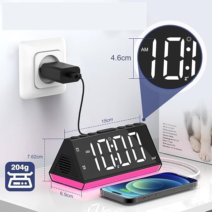 Budzik cyfrowy z podwójnym alarmem, regulowany wyświetlacz, 2 porty USB.