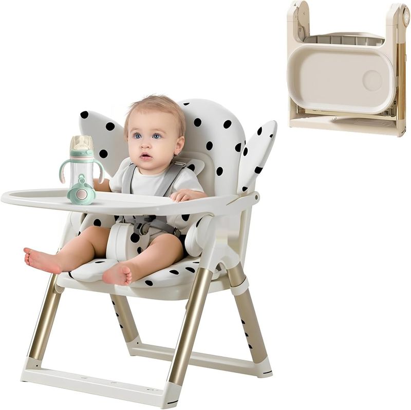 Składane krzesełko dziecięce z tacką, podwyższenie z 3-punktowym pasem.