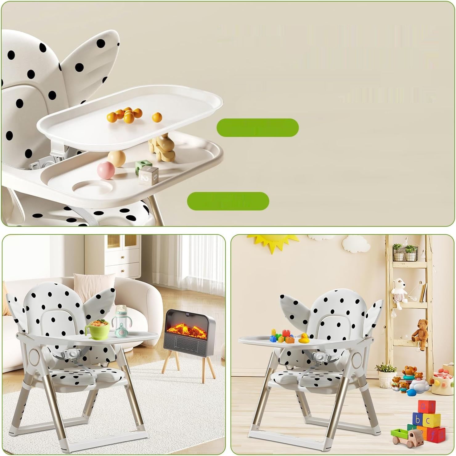 Składane krzesełko dziecięce z tacką, podwyższenie z 3-punktowym pasem.