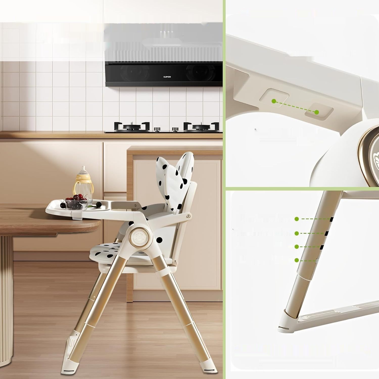 Składane krzesełko dziecięce z tacką, podwyższenie z 3-punktowym pasem.