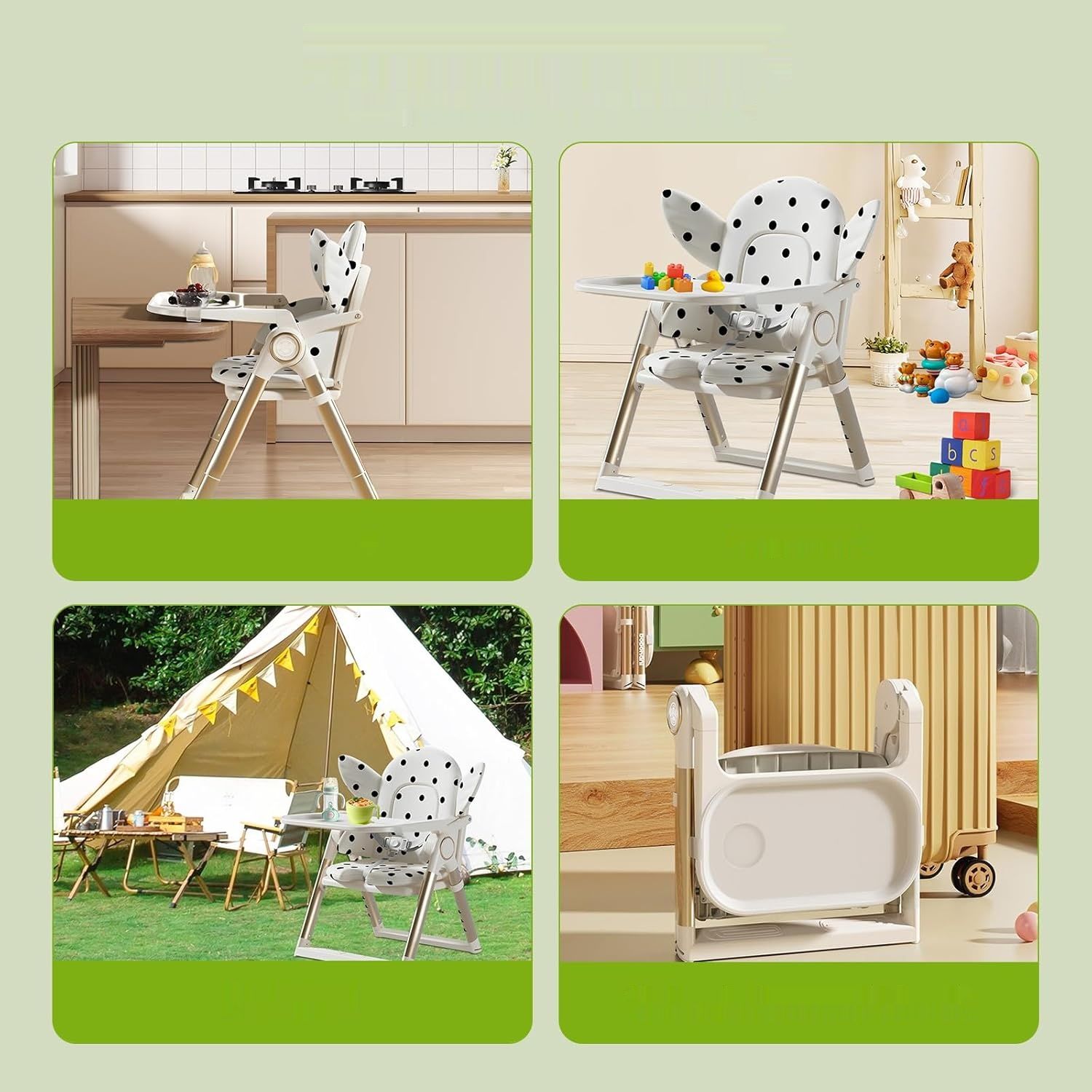 Składane krzesełko dziecięce z tacką, podwyższenie z 3-punktowym pasem.