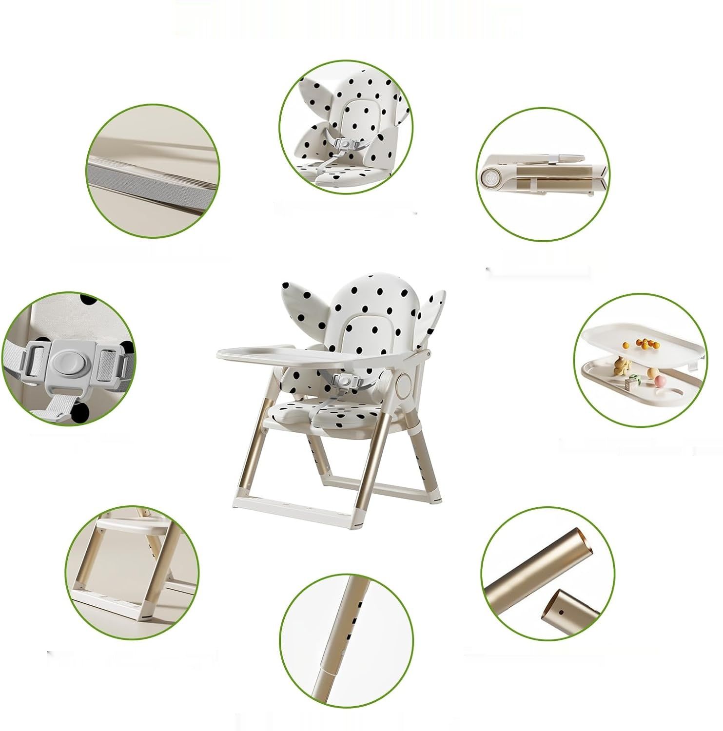 Składane krzesełko dziecięce z tacką, podwyższenie z 3-punktowym pasem.