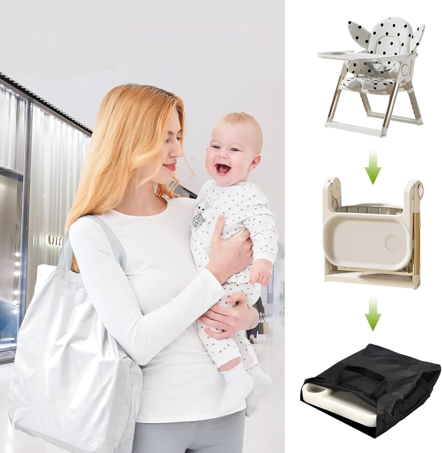 Składane krzesełko dziecięce z tacką, podwyższenie z 3-punktowym pasem.