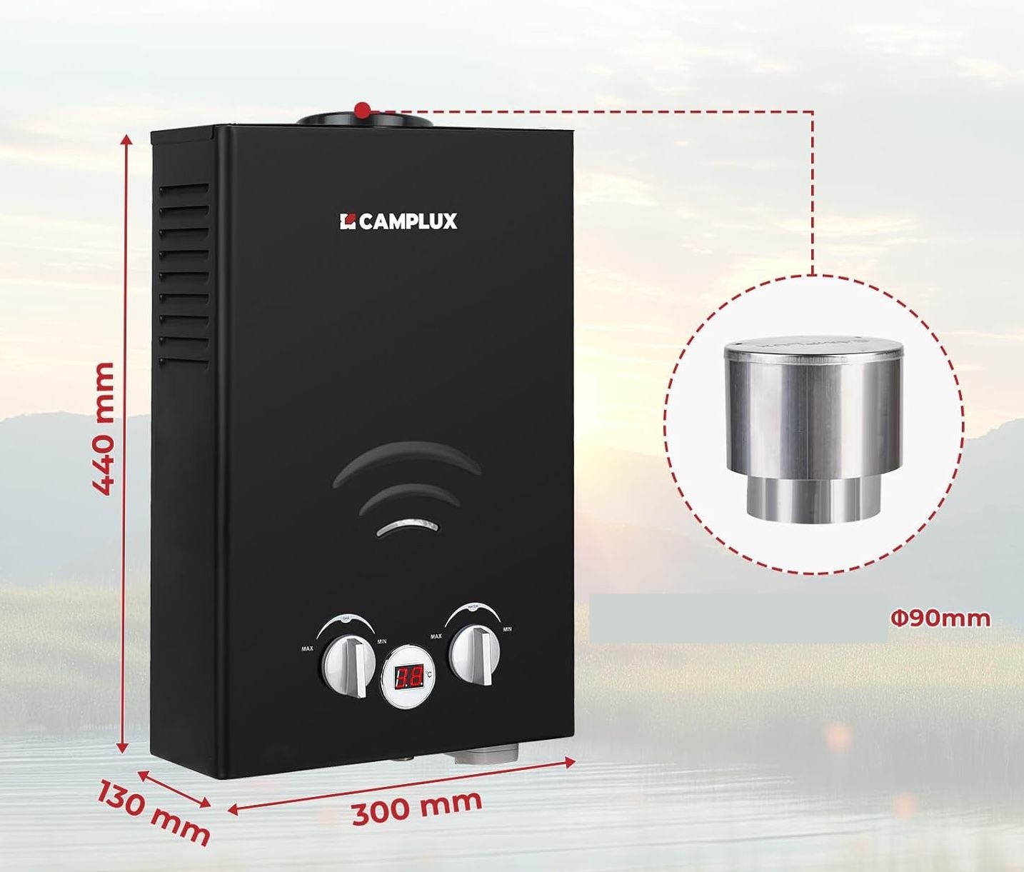 Camplux BW158BC Podgrzewacz Wody Gazowy Bez Zbiornika, 6L, 12kW, Czarny