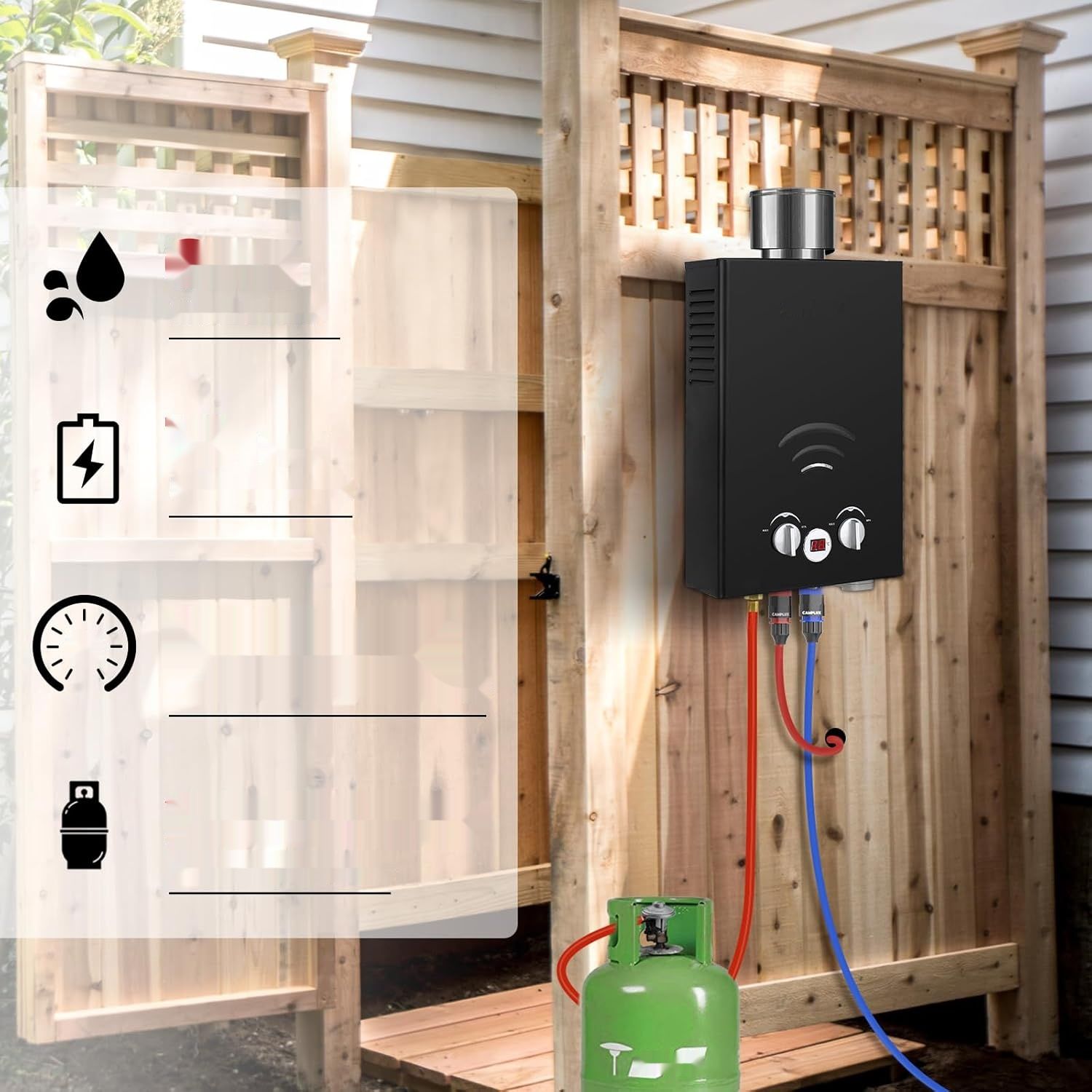 Camplux BW158BC Podgrzewacz Wody Gazowy Bez Zbiornika, 6L, 12kW, Czarny