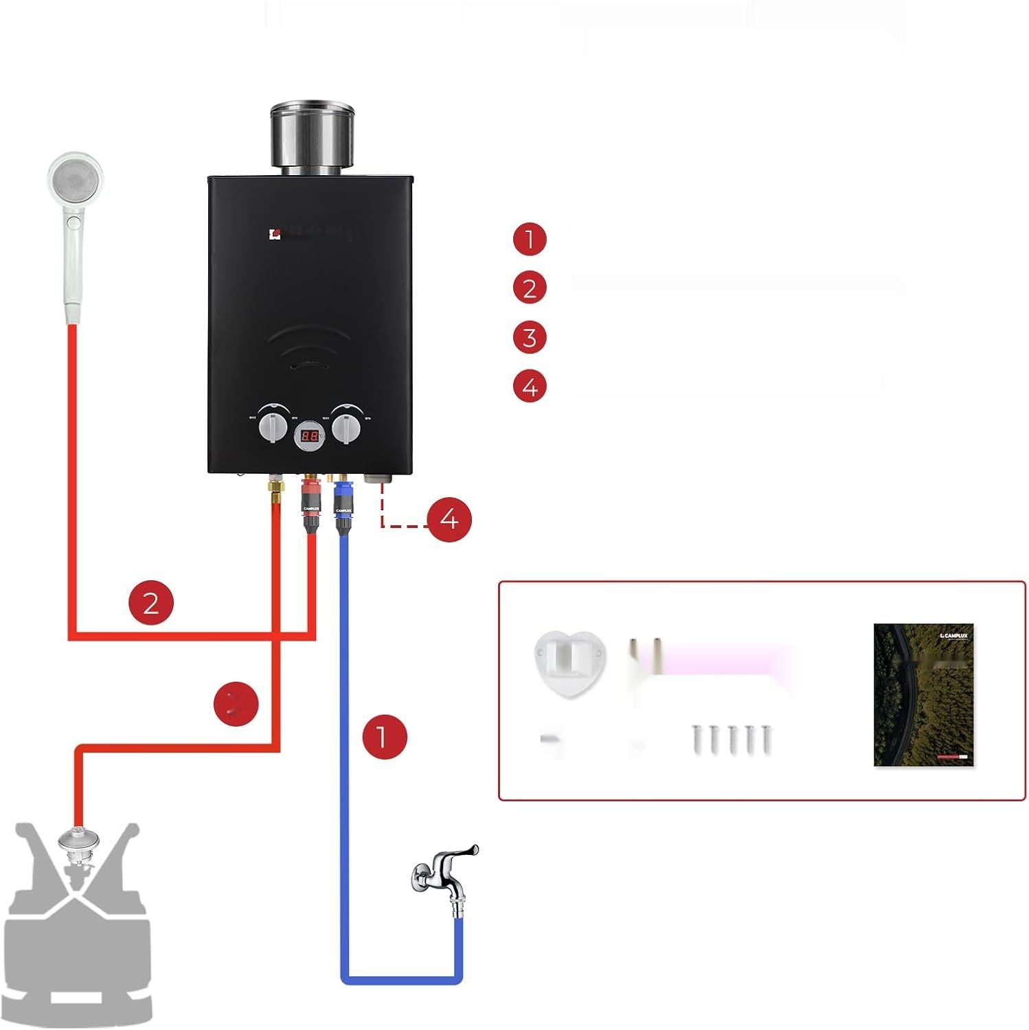 Camplux BW158BC Podgrzewacz Wody Gazowy Bez Zbiornika, 6L, 12kW, Czarny