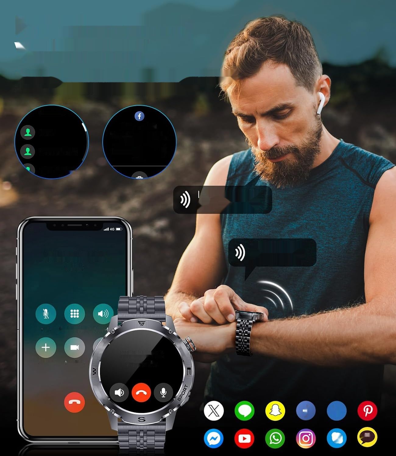 LIGE Męski Smartwatch z funkcją telefonu, 1.43-calowy Smartwatch AMOLED