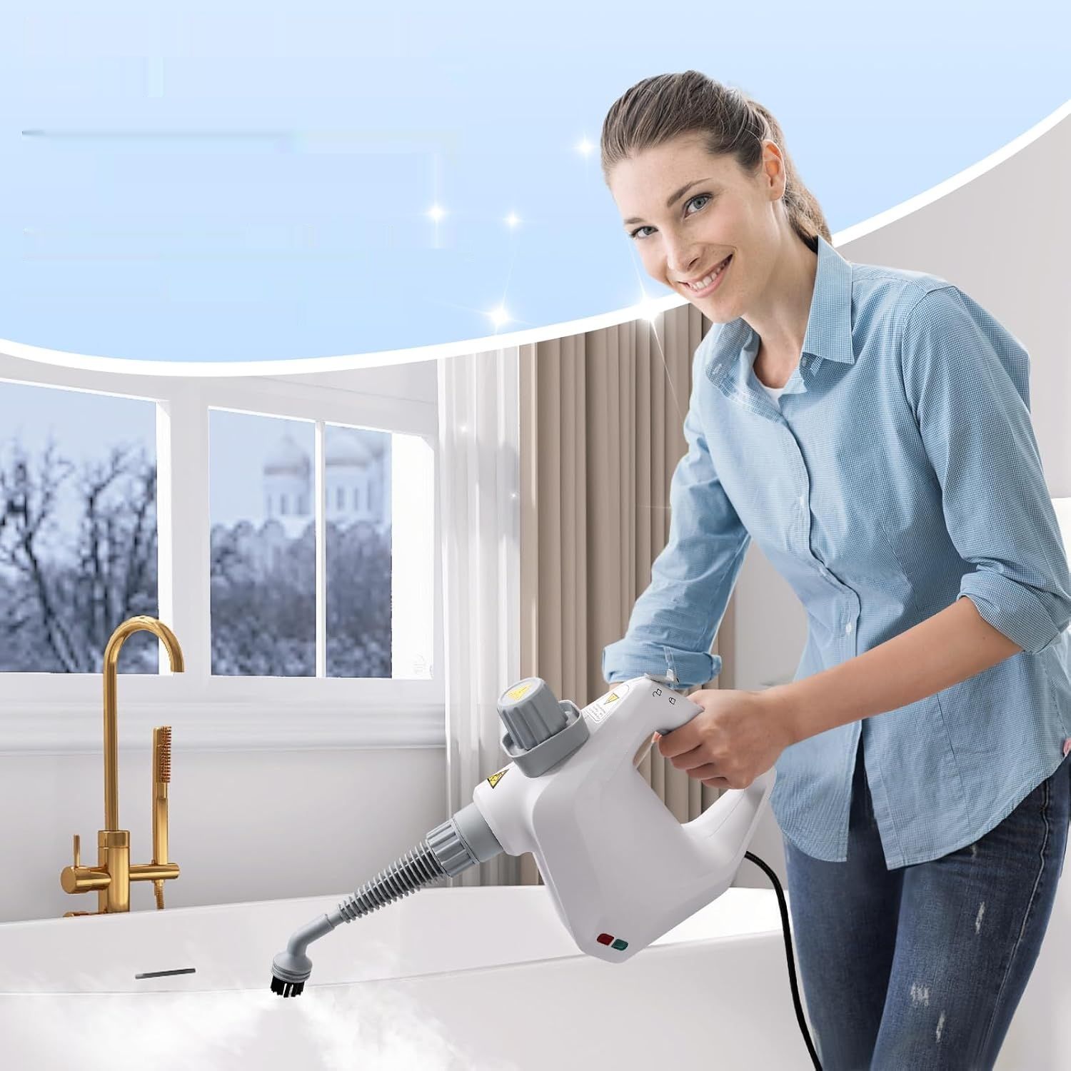 Przenośny parowy środek czyszczący z 10 akcesoriami (biały)