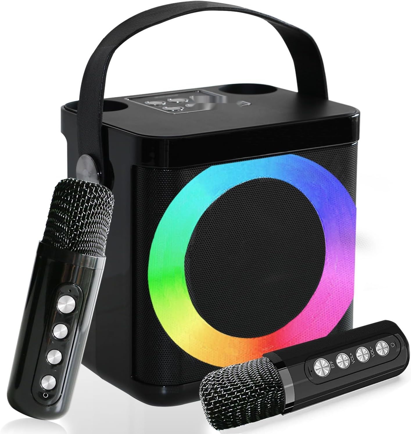 Maszyna karaoke z 2 mikrofonami Bluetooth, zmiana głosu, lampki LED.