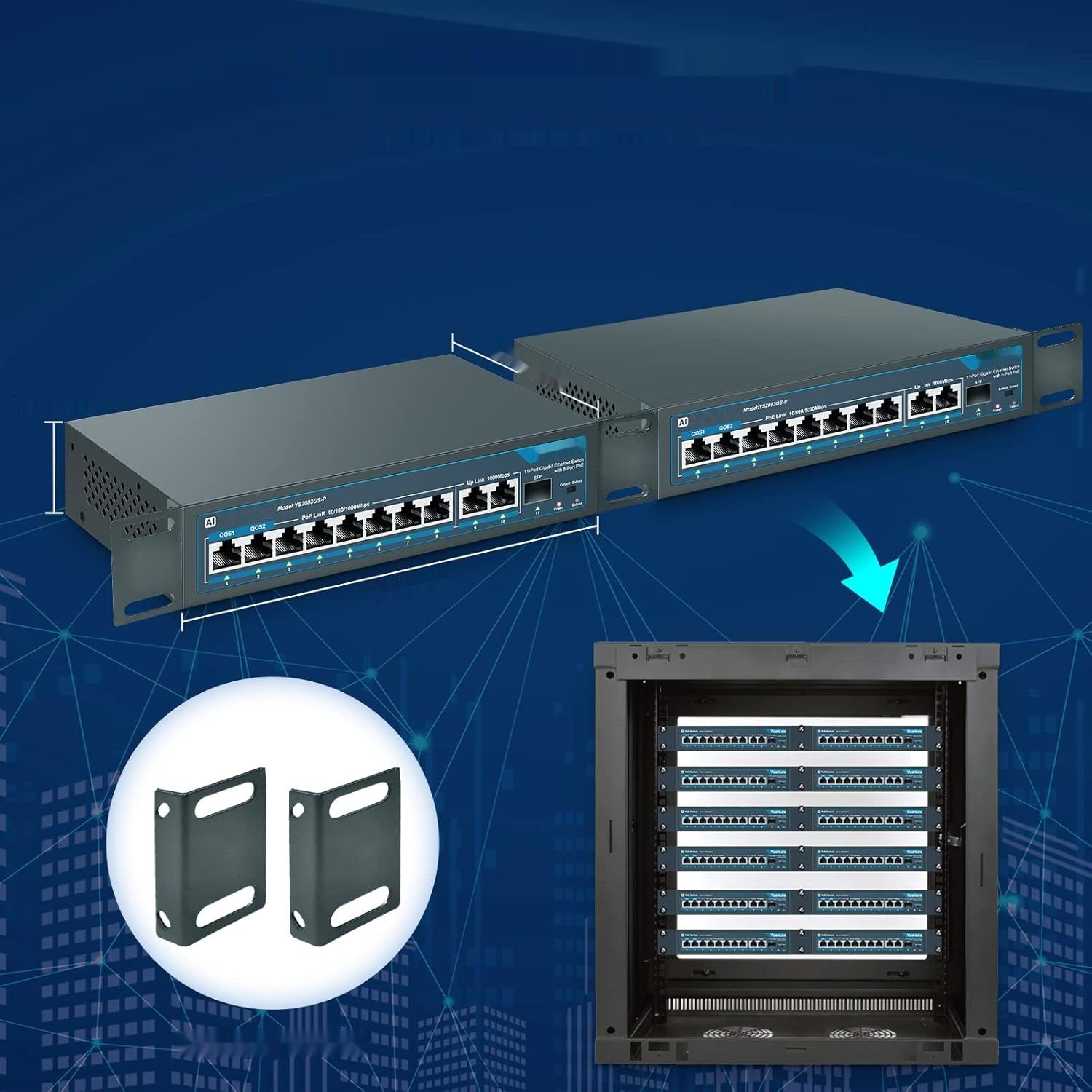 YuanLey 11-portowy gigabitowy przełącznik PoE Qos niezarządzalny Plug and Play.