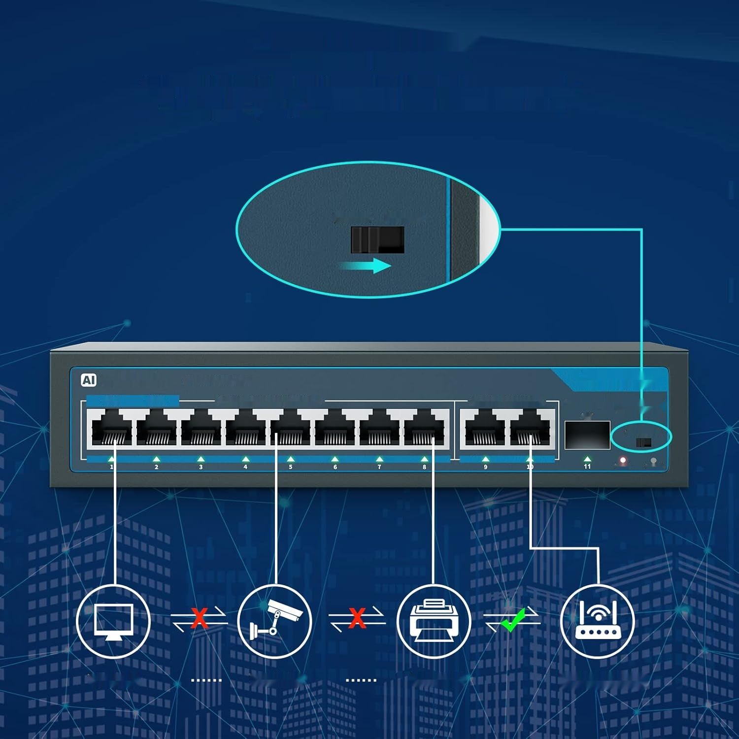 YuanLey 11-portowy gigabitowy przełącznik PoE Qos niezarządzalny Plug and Play.