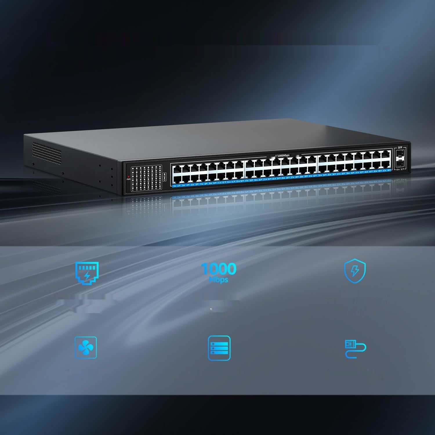 NICGIGA 48-portowy przełącznik Gigabit PoE+@400W, 2x1G SFP, montaż biurkowy/rackowy