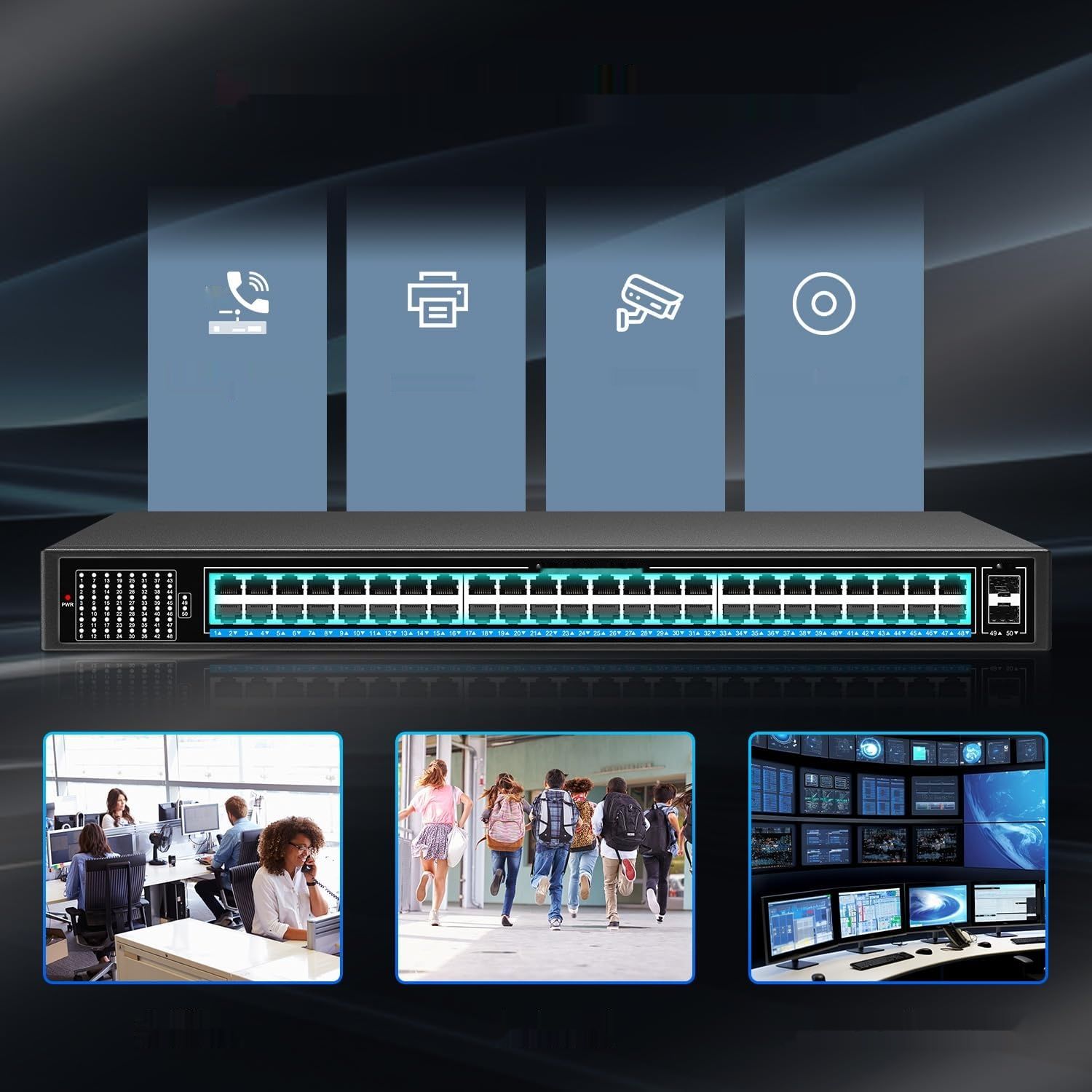 NICGIGA 48-portowy przełącznik Gigabit PoE+@400W, 2x1G SFP, montaż biurkowy/rackowy