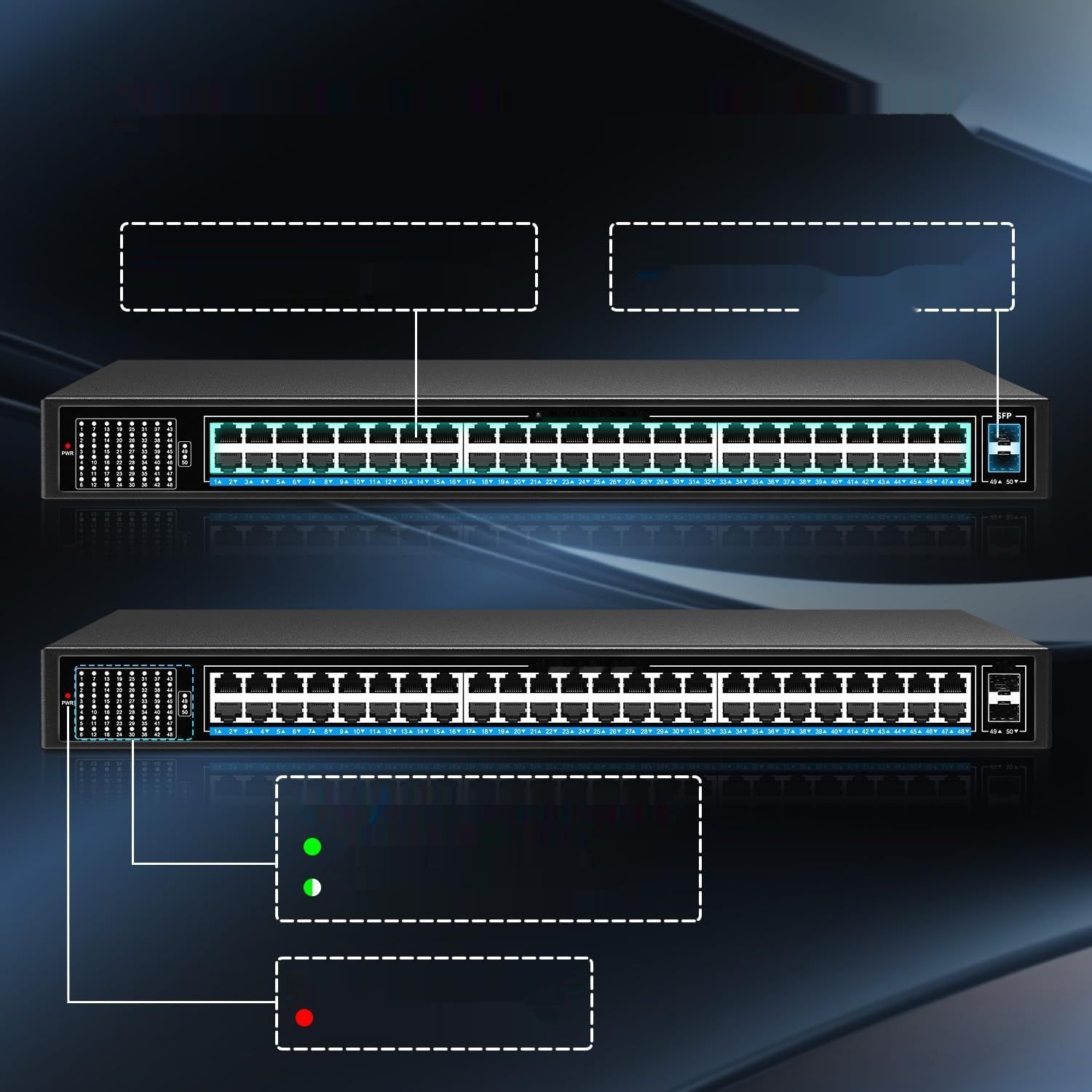 NICGIGA 48-portowy przełącznik Gigabit PoE+@400W, 2x1G SFP, montaż biurkowy/rackowy