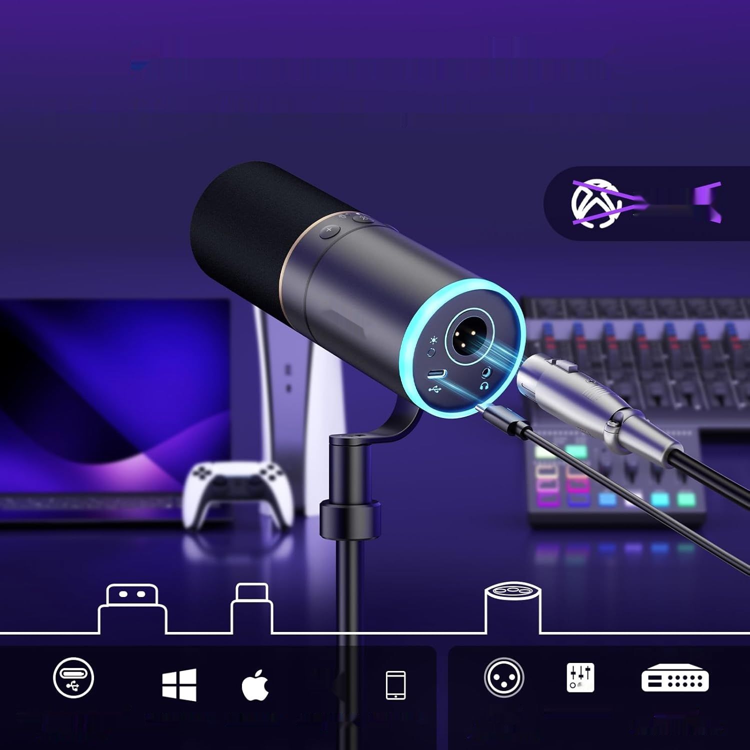 TONOR Mikrofon TD520S XLR/USB z podstawką, RGB dla PS4/5, Mac, Android