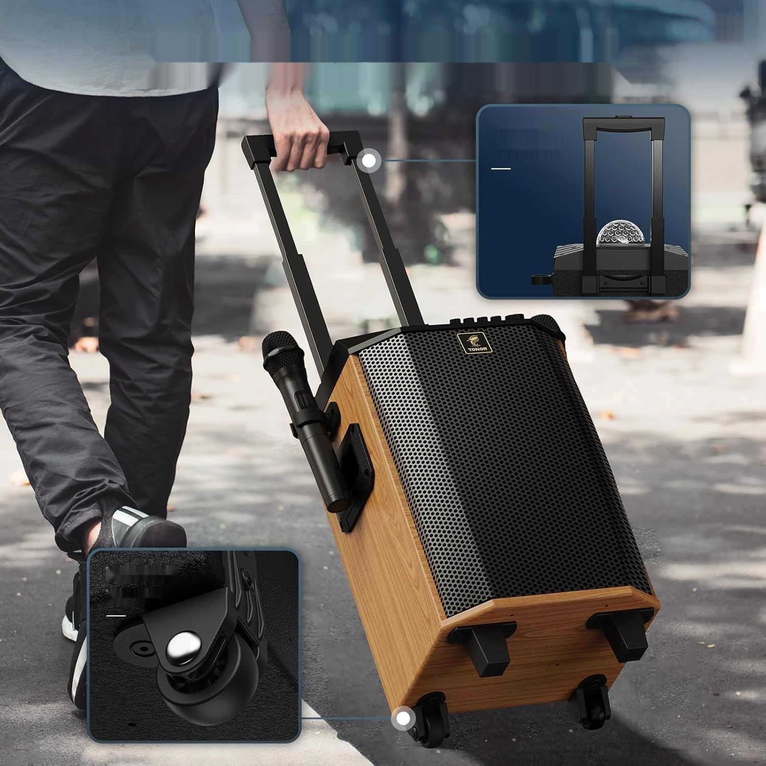Przenośny głośnik Bluetooth TONOR z 2 mikrofonami, system PA, brązowy.