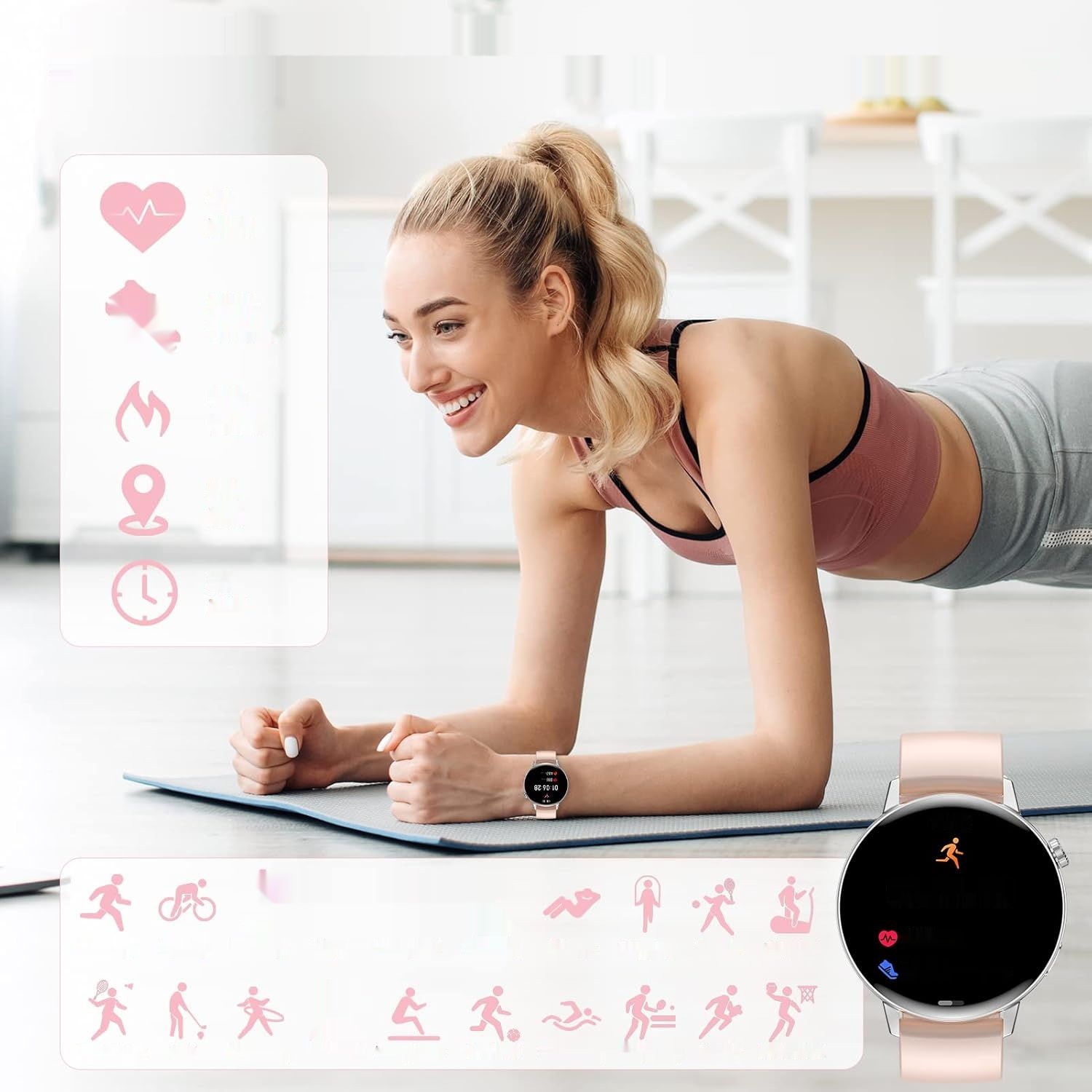 Erkwei Smartwatch damski z Bluetooth, ekran 1,32", z krokomierzem, monitorem tętna