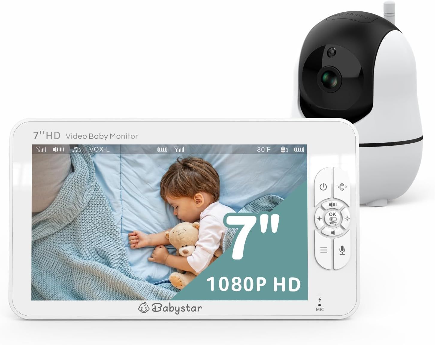 Babystar Babyphone 7" 1080P LCD, 4000mAh, Nocne, Dwukierunkowa, VOX.