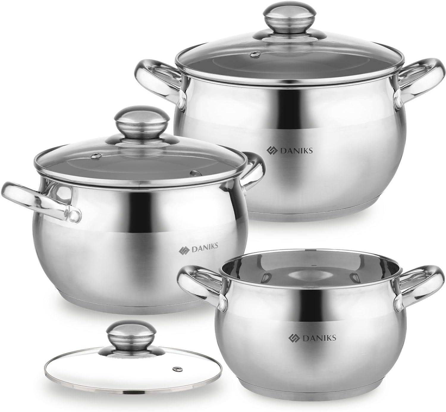 Daniks Classic Zestaw Garnków INOX z Pokrywkami Szklanymi, 6 Części