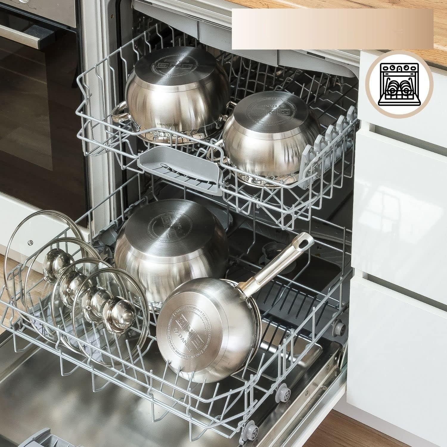 Daniks Classic Zestaw Garnków INOX z Pokrywkami Szklanymi, 6 Części