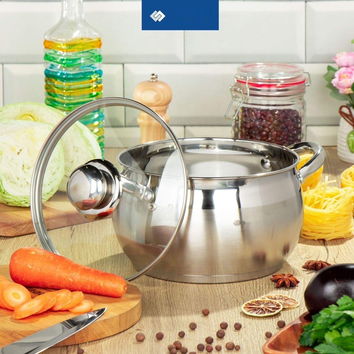 Daniks Classic Zestaw Garnków INOX z Pokrywkami Szklanymi, 6 Części