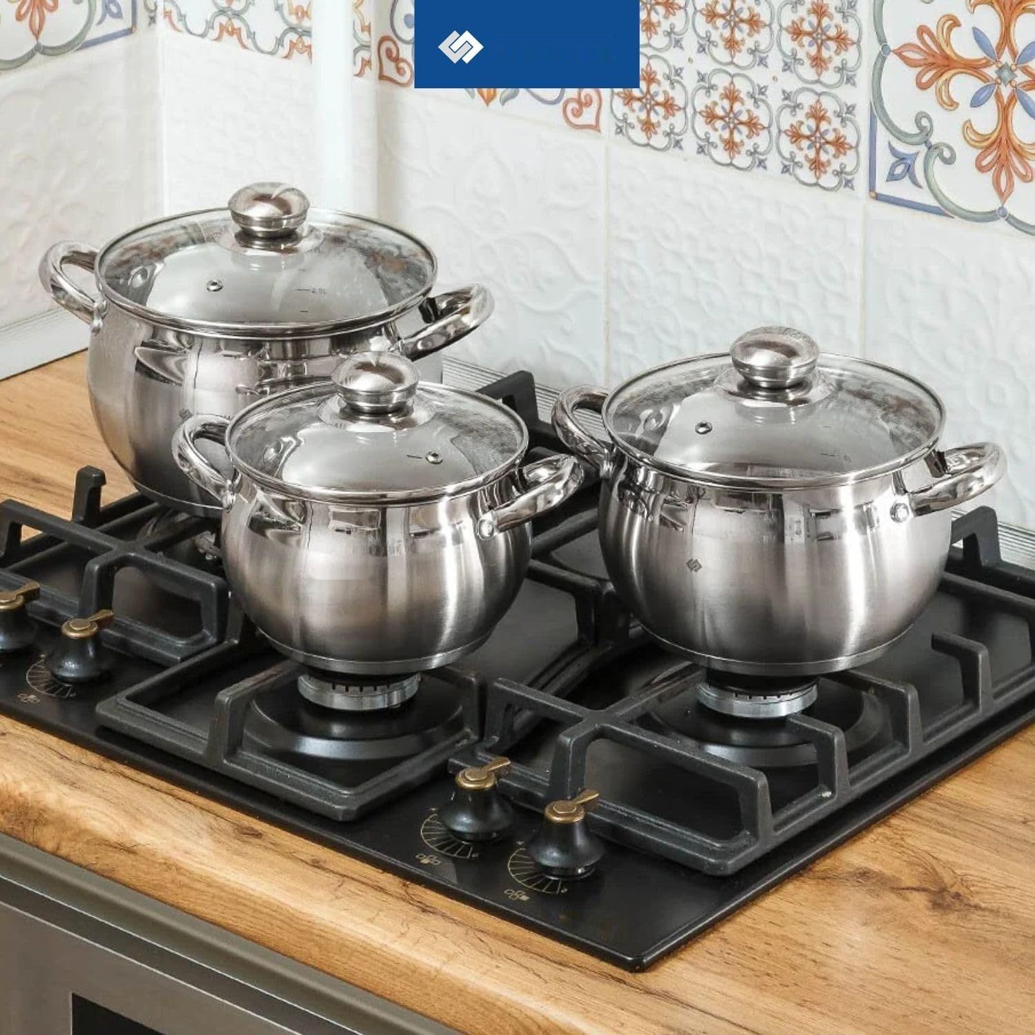 Daniks Classic Zestaw Garnków INOX z Pokrywkami Szklanymi, 6 Części