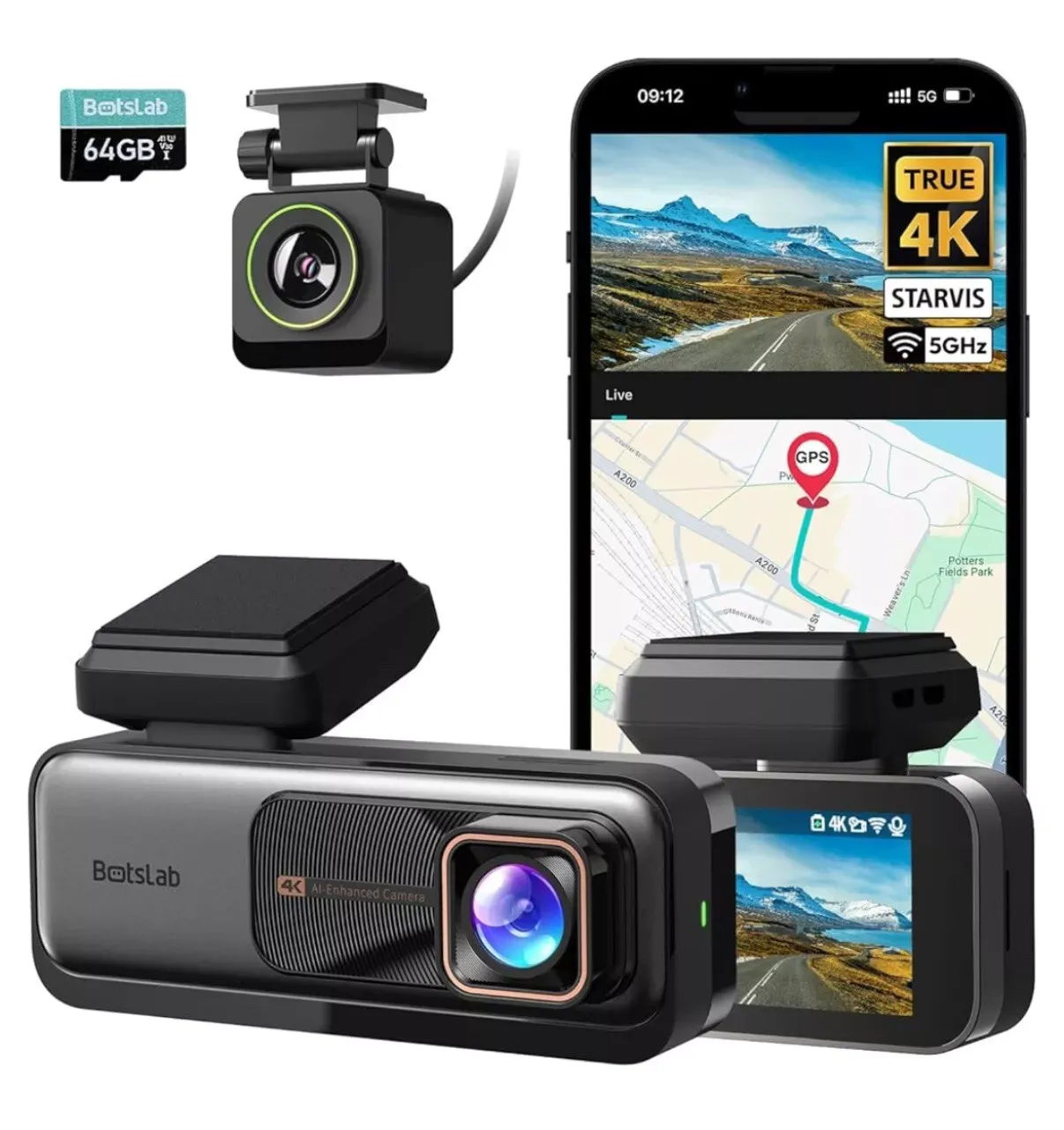 BOTSLAB Kamera Samochodowa Przednia Tylna 4K Dash Cam GPS z WiFi
