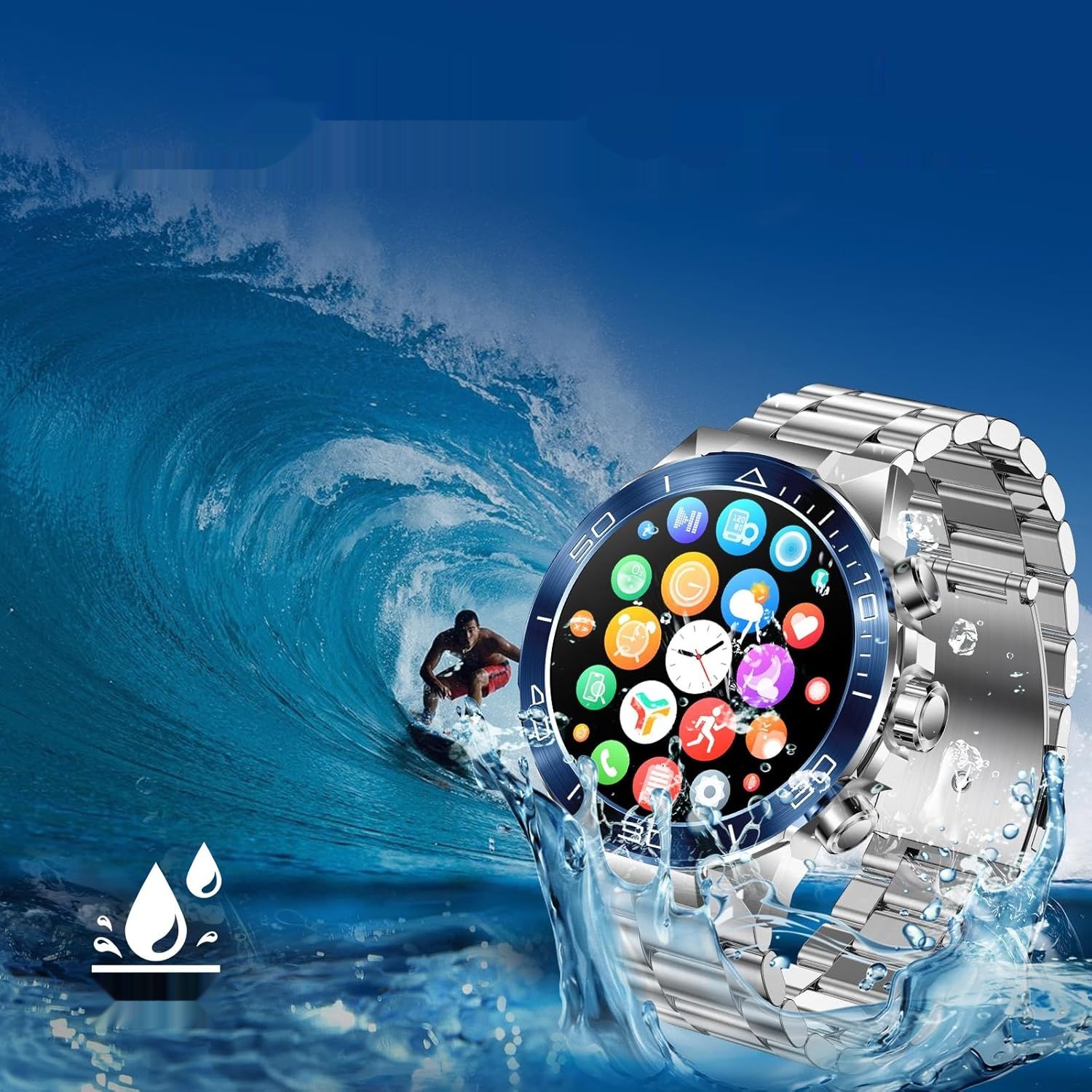 MiracDan Męski Smartwatch, AMOLED 1,43", Bluetooth 5.2, IP68, srebrny
