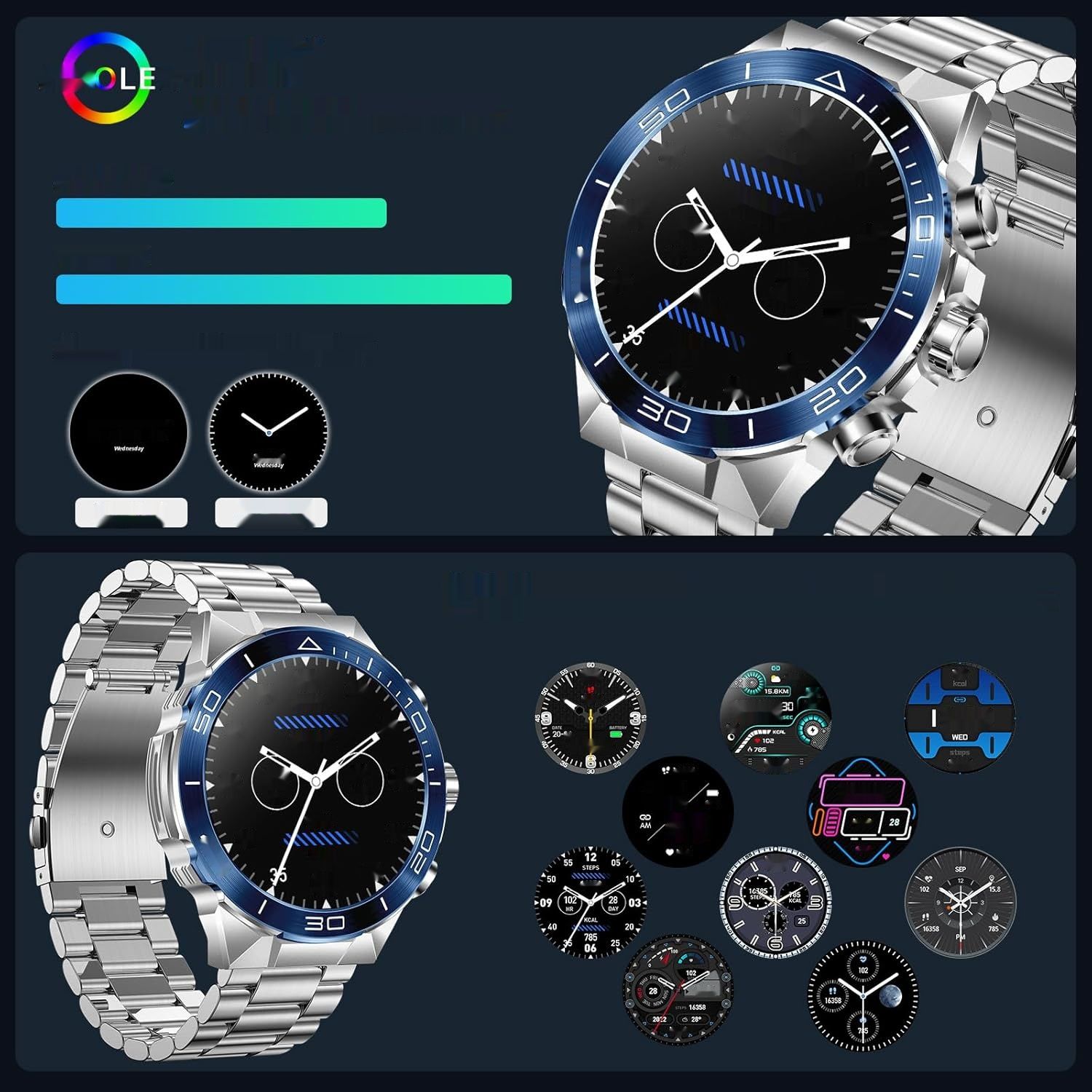 MiracDan Męski Smartwatch, AMOLED 1,43", Bluetooth 5.2, IP68, srebrny