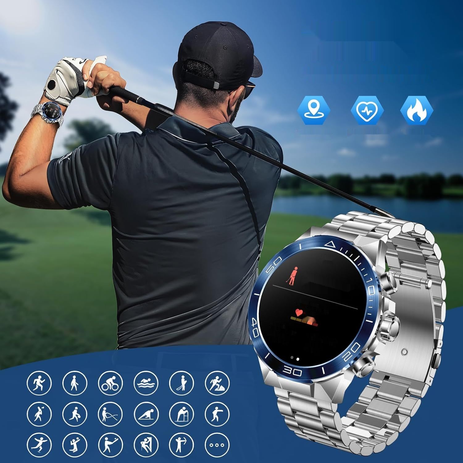 MiracDan Męski Smartwatch, AMOLED 1,43", Bluetooth 5.2, IP68, srebrny