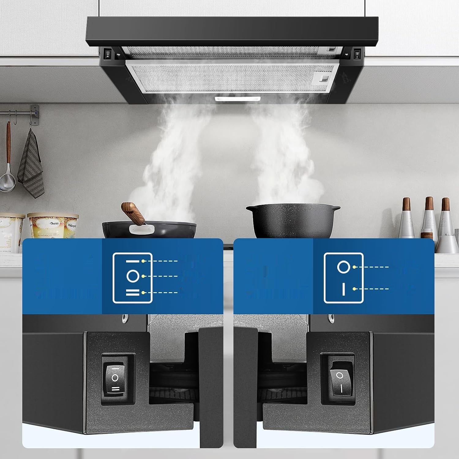 Telescopowa, wysuwana okap kuchenny 60 cm, 620 m³/h, LED, czarny – KICHPOWER