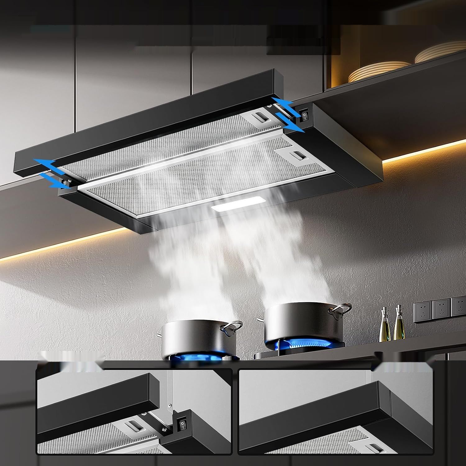 Telescopowa, wysuwana okap kuchenny 60 cm, 620 m³/h, LED, czarny – KICHPOWER