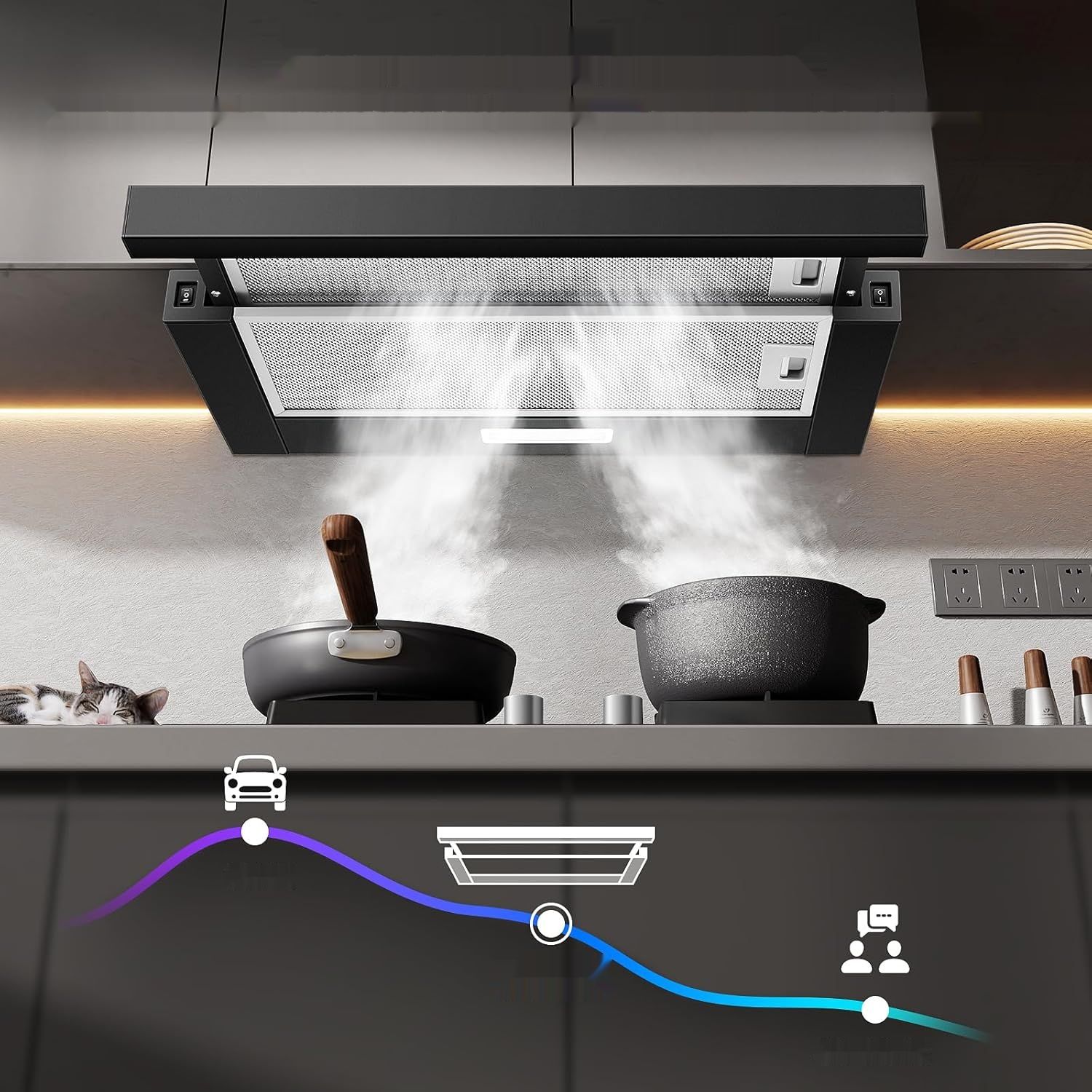 Telescopowa, wysuwana okap kuchenny 60 cm, 620 m³/h, LED, czarny – KICHPOWER