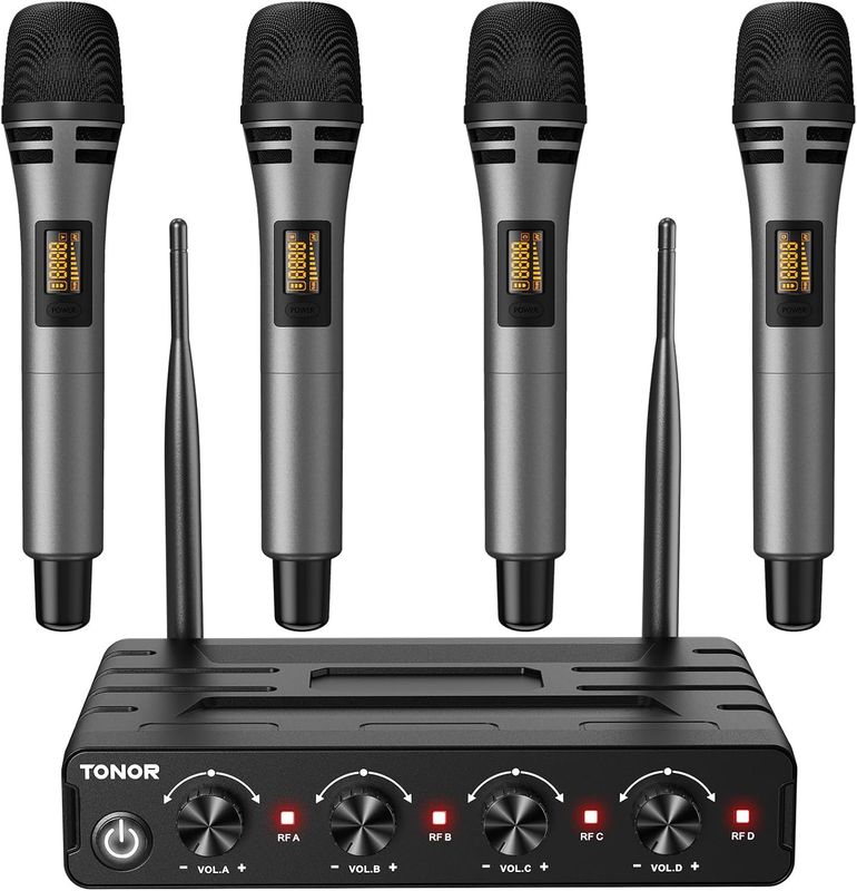 TONOR Bezprzewodowy Mikrofon Karaoke UHF z 4×5 kanałami, zasięg 60 m – srebrny