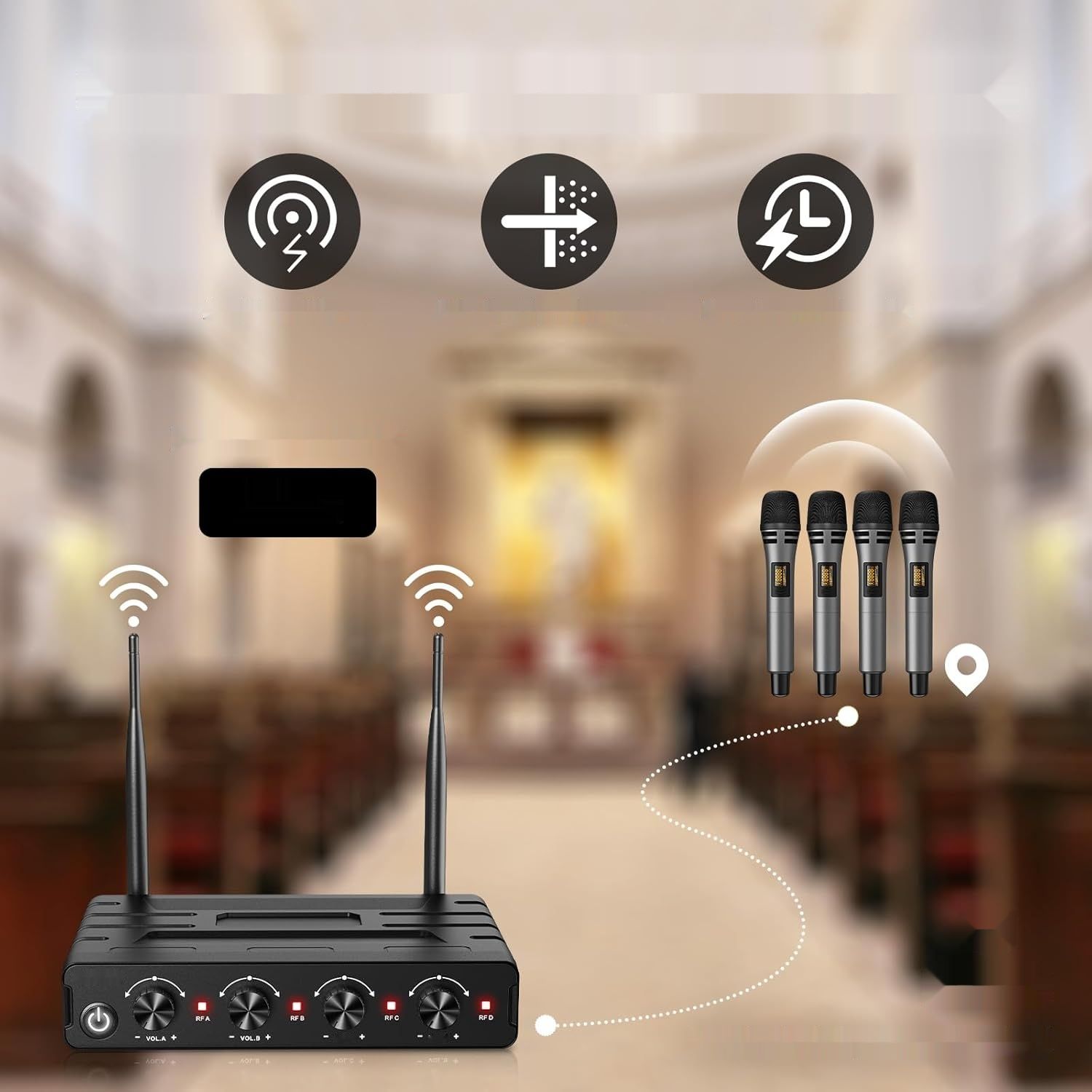 TONOR Bezprzewodowy Mikrofon Karaoke UHF z 4×5 kanałami, zasięg 60 m – srebrny