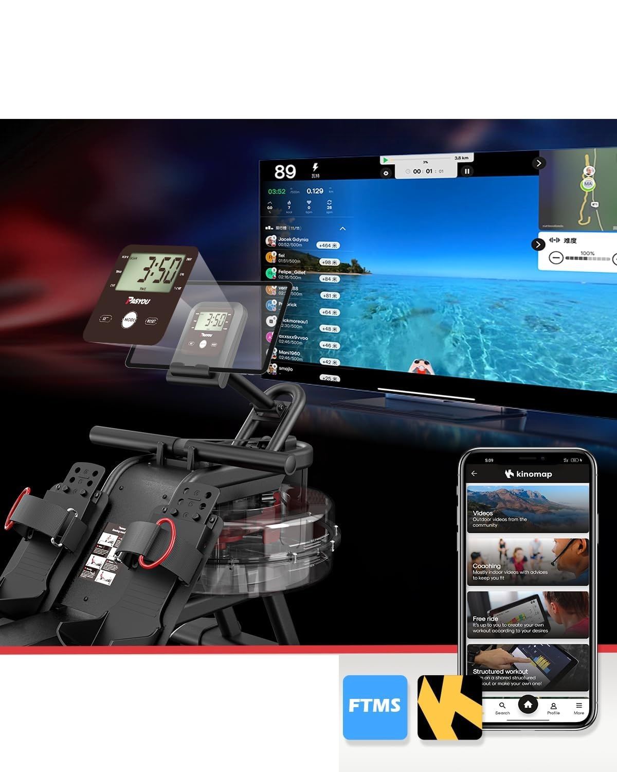 PASYOU wioślarz wodny do domu, nośność 160 kg, LCD, kompatybilny z Kinomap