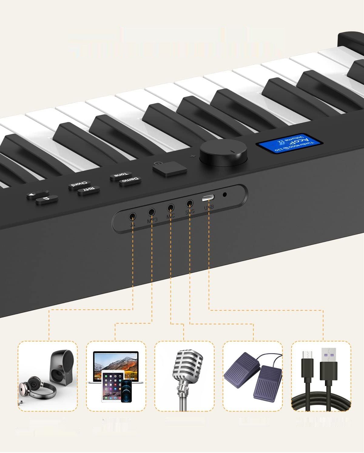 Składany keyboard pianinowy 88-klawiszowy, przenośny