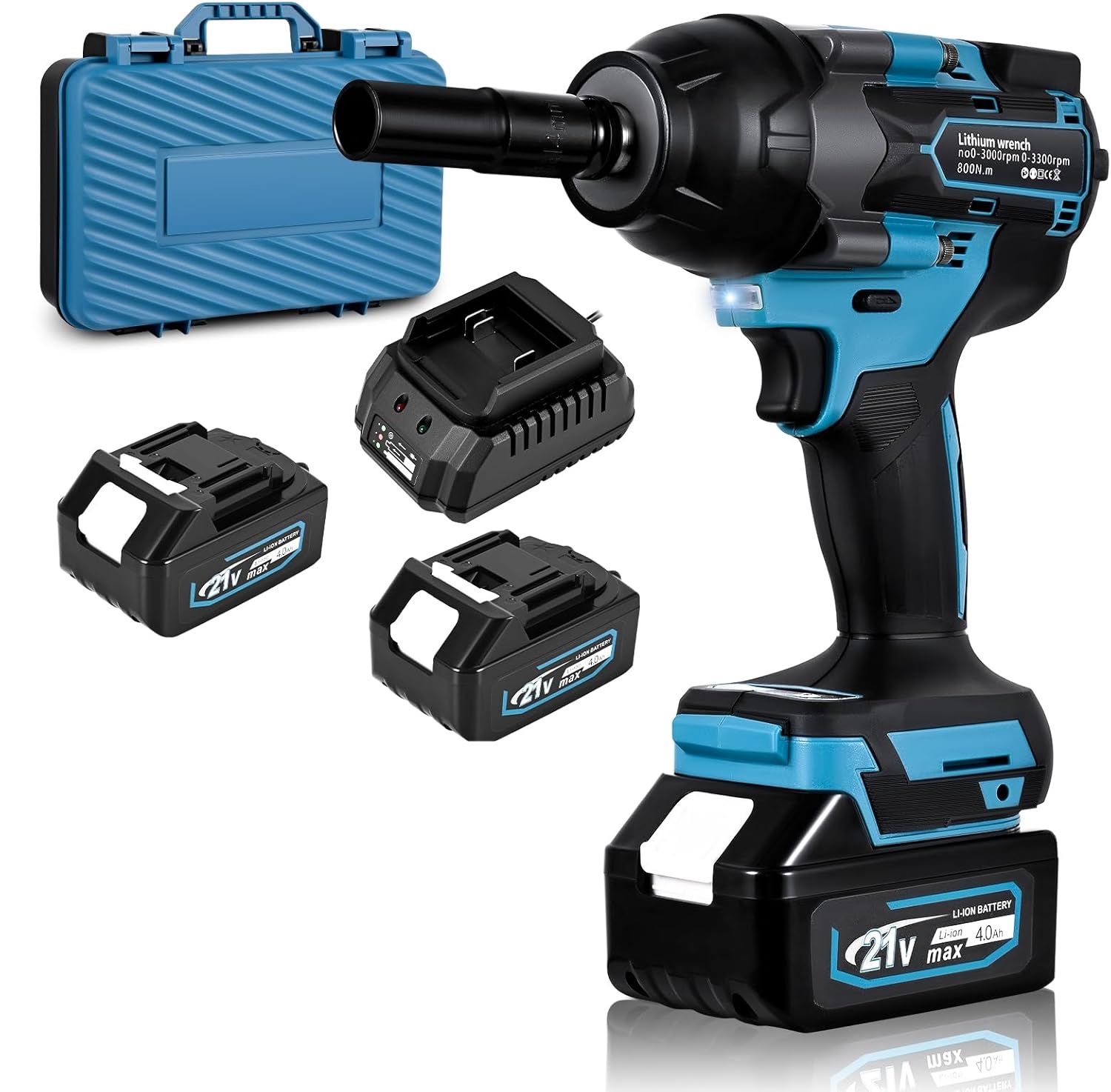 Bezszczotkowy klucz udarowy 800 Nm z akumulatorem 2×4000 mAh i LED