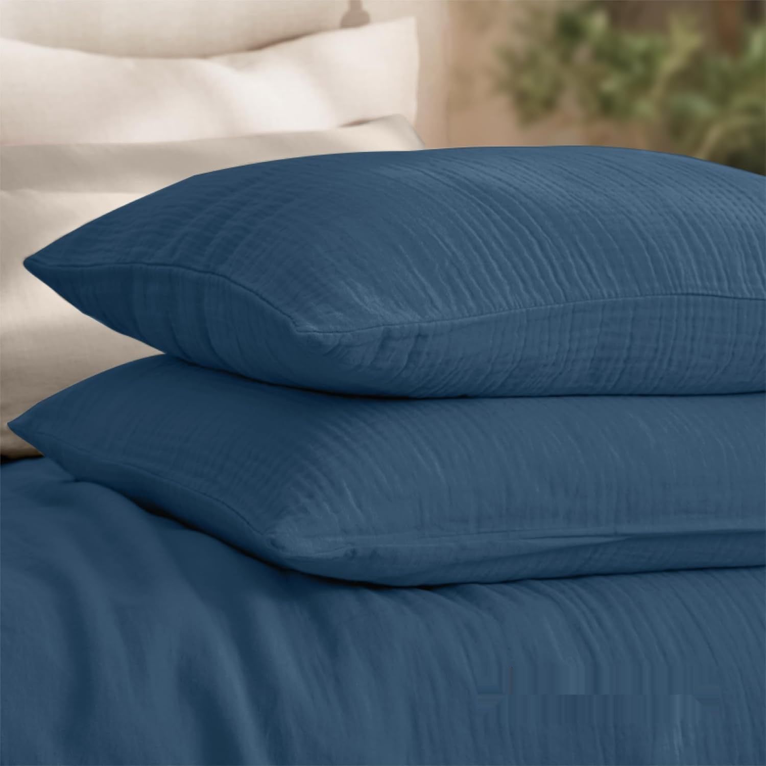 Dreamzie – Zestaw pościeli z muślinu bawełnianego 155x220 cm, niebieski, z 2 poszewkami 80x80 cm