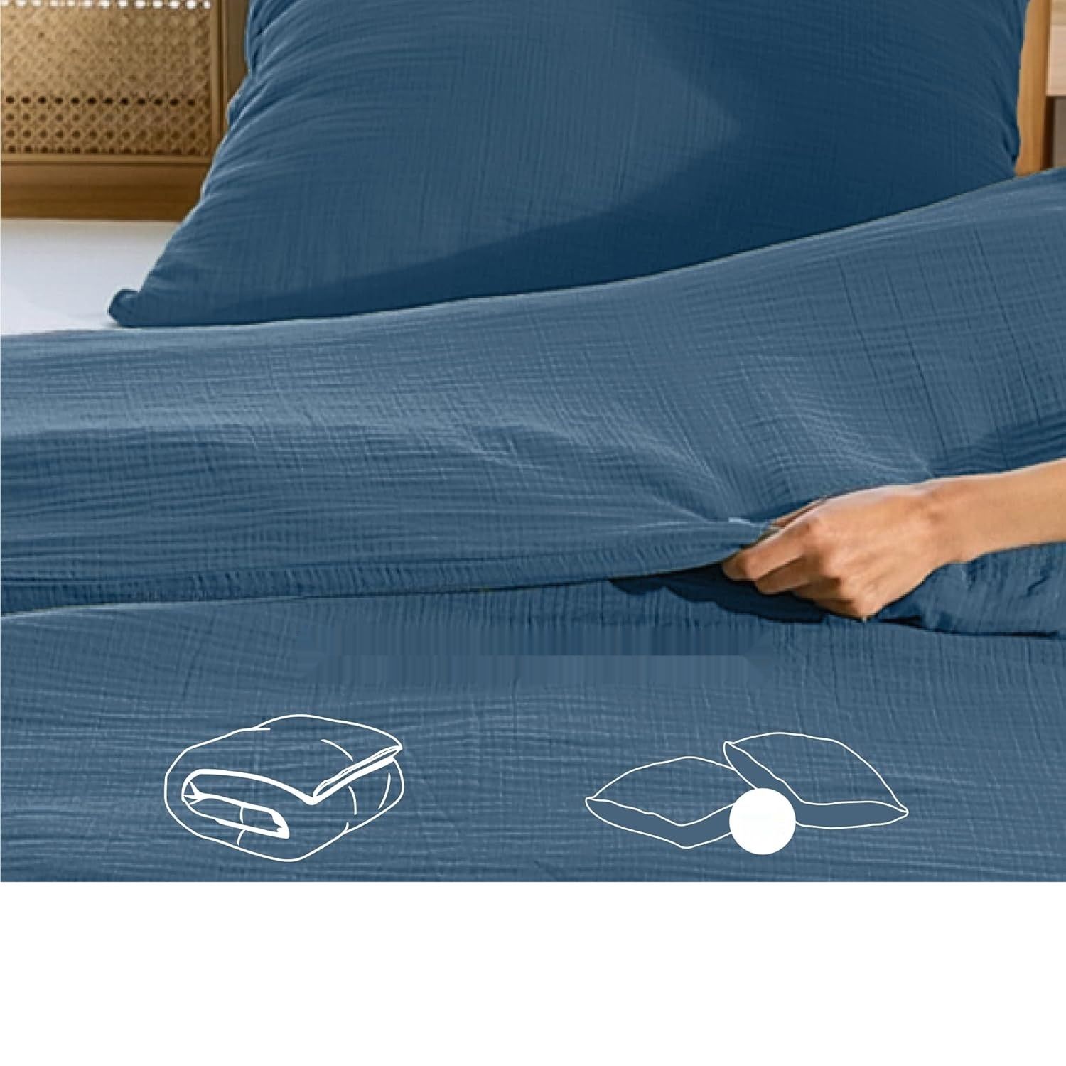 Dreamzie – Zestaw pościeli z muślinu bawełnianego 155x220 cm, niebieski, z 2 poszewkami 80x80 cm