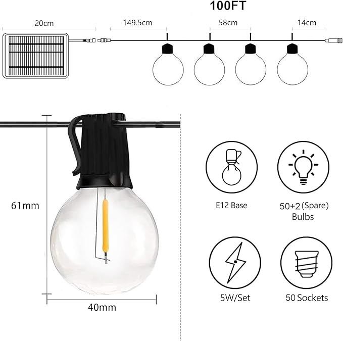 Bomcosy Girlanda Świetlna Słoneczna na Zewnątrz – 24 m – Wodoodporna