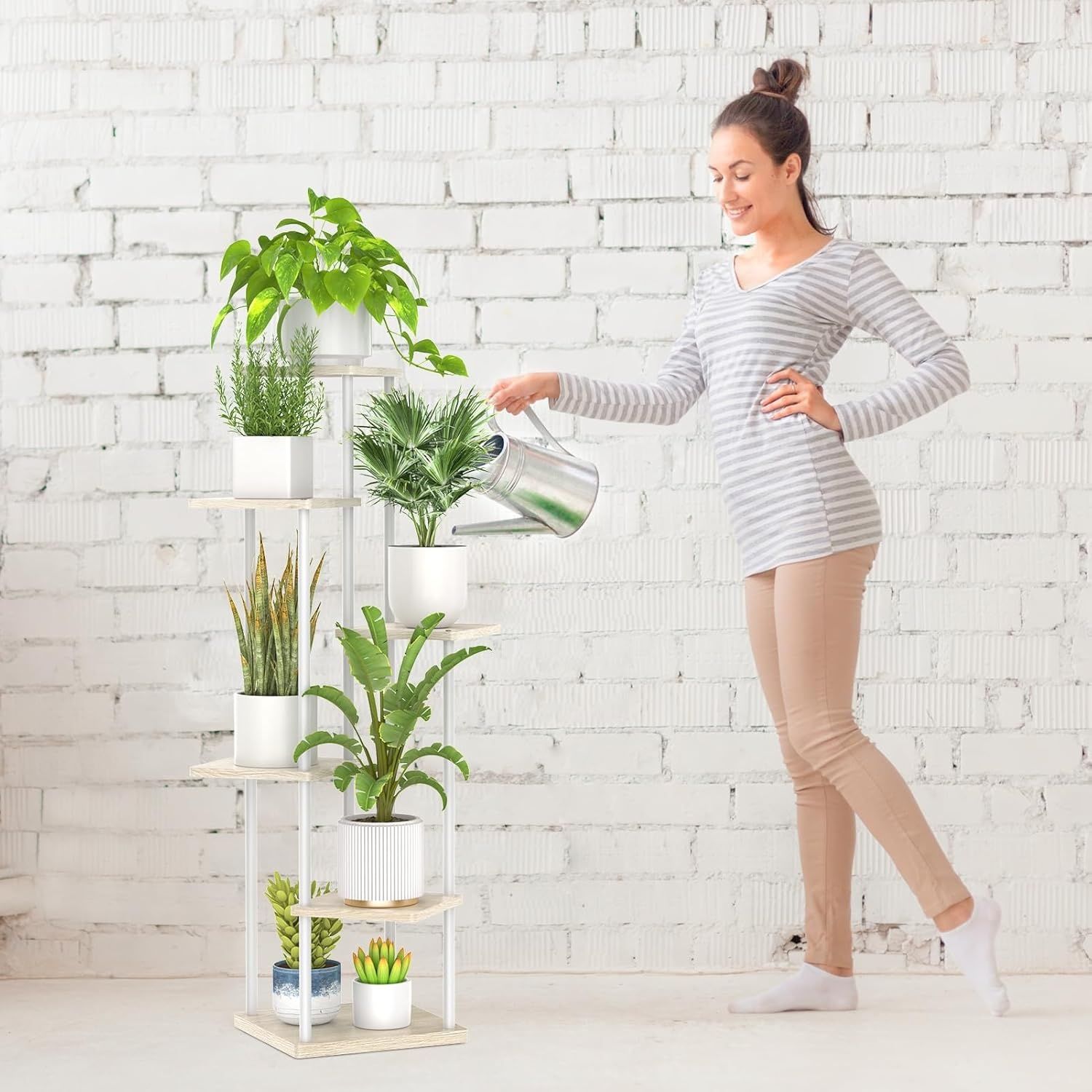 6‑poziomowy narożny kwietnik metalowo‑drewniany LyTaispuly, 115 cm, kolor biały