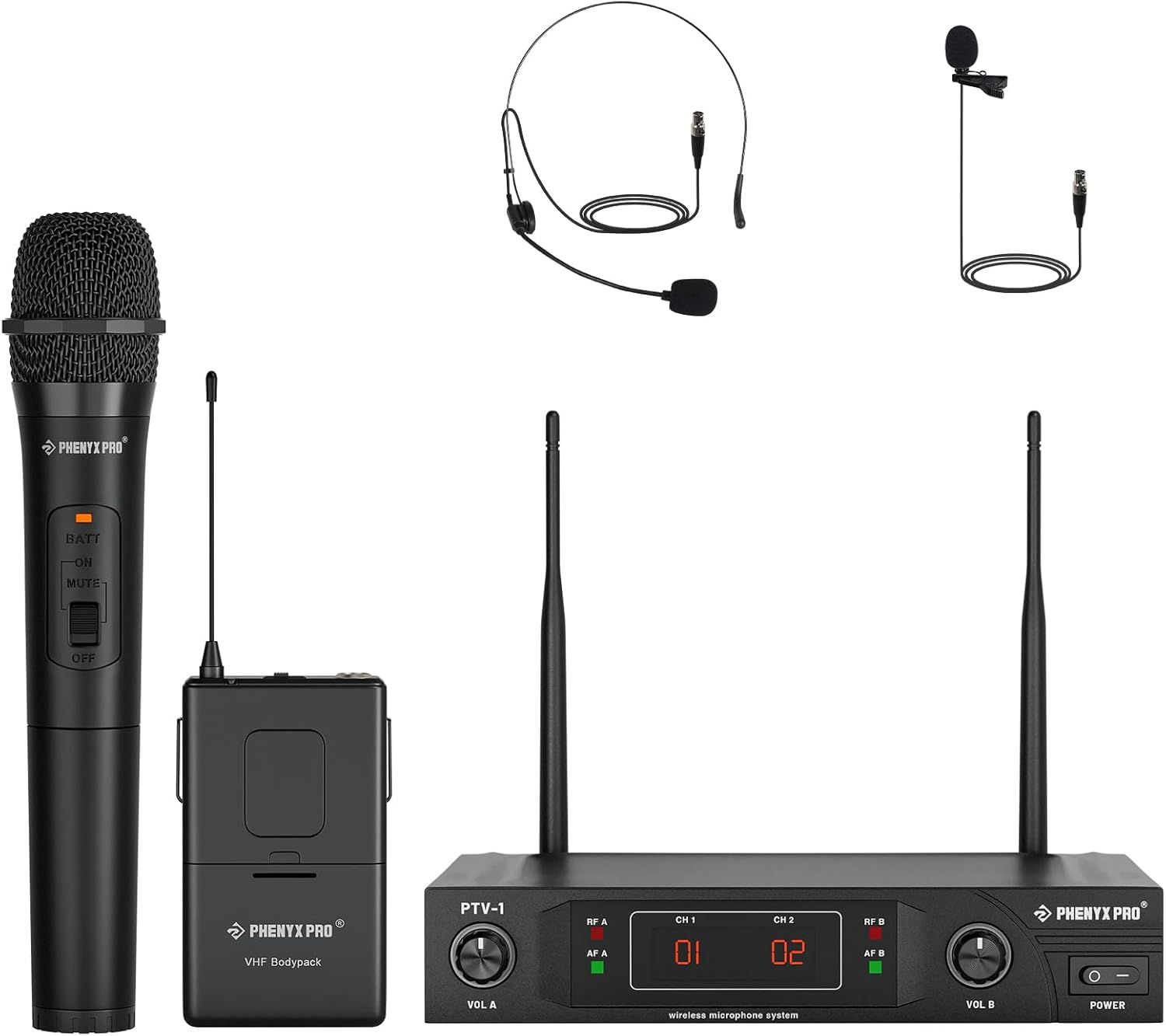 Phenyx Pro PTV-1B – bezprzewodowy system mikrofonowy VHF z mikrofonem ręcznym, nagłownym i krawatowym