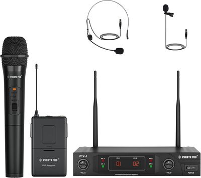 Phenyx Pro PTV-1B – bezprzewodowy system mikrofonowy VHF z mikrofonem ręcznym, nagłownym i krawatowym