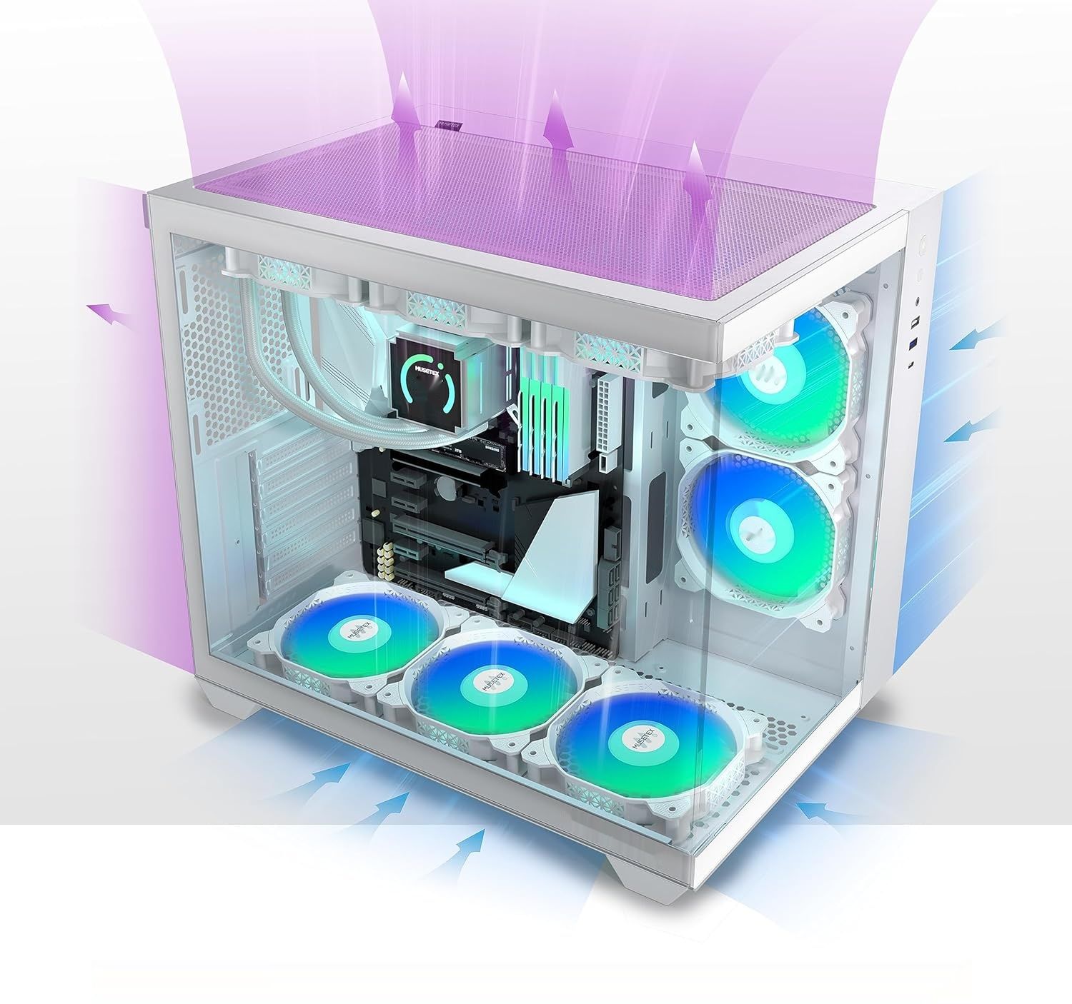 MUSETEX Y6 – biała obudowa PC ATX z 6 wentylatorami PWM ARGB i szkłem